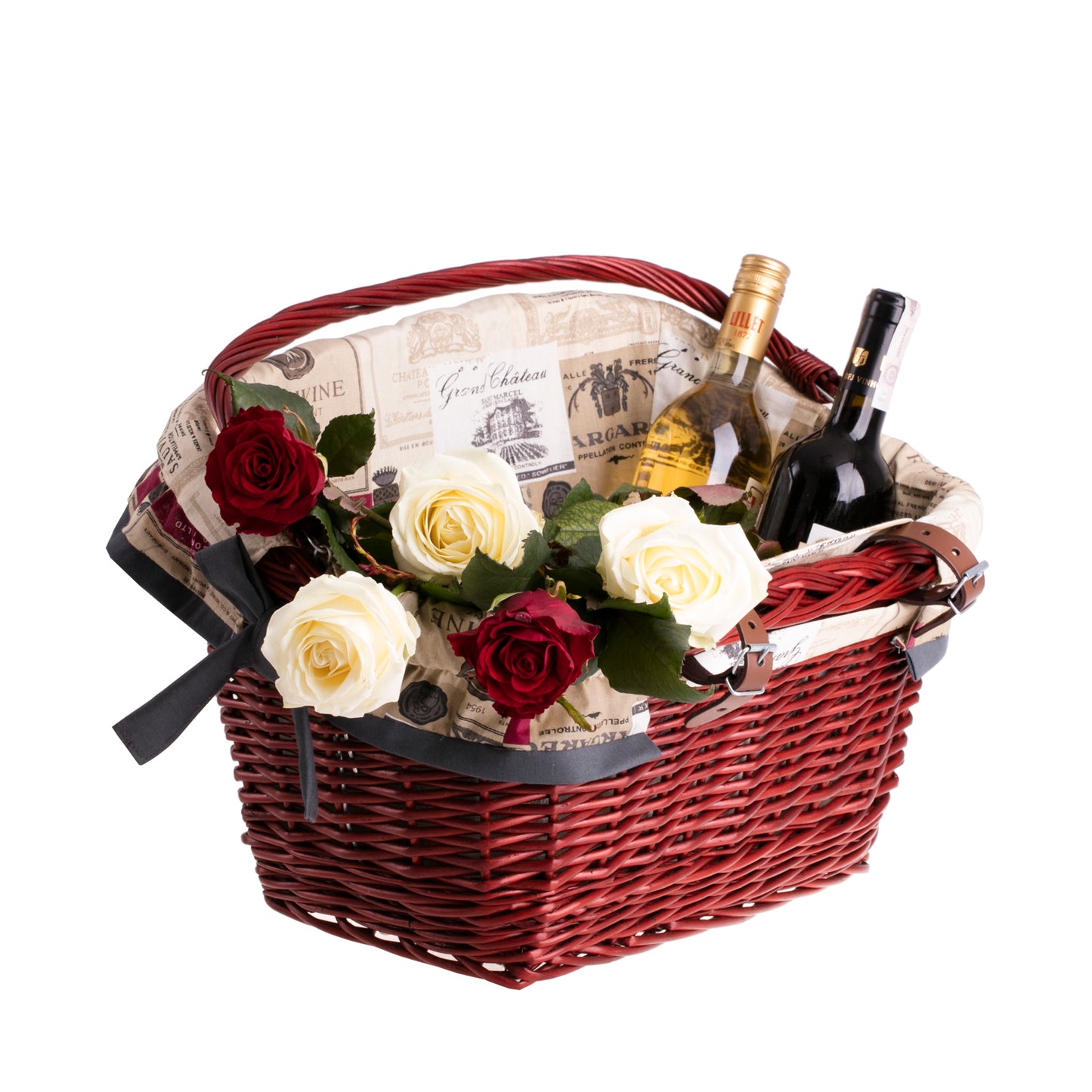 Magnus wiklinowy kosz na rower z kremowym obszyciem, z rączką i skórzanymi paskami TheWickerStories