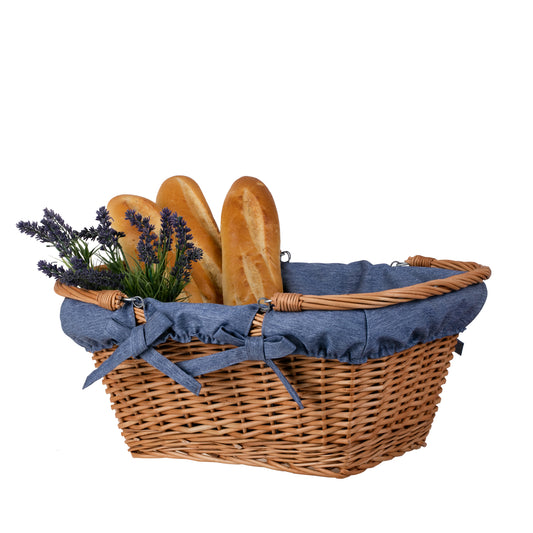 Wulfhildis kosz na zakupy z rączką wiklinową i niebieskim obszyciem TheWickerStories