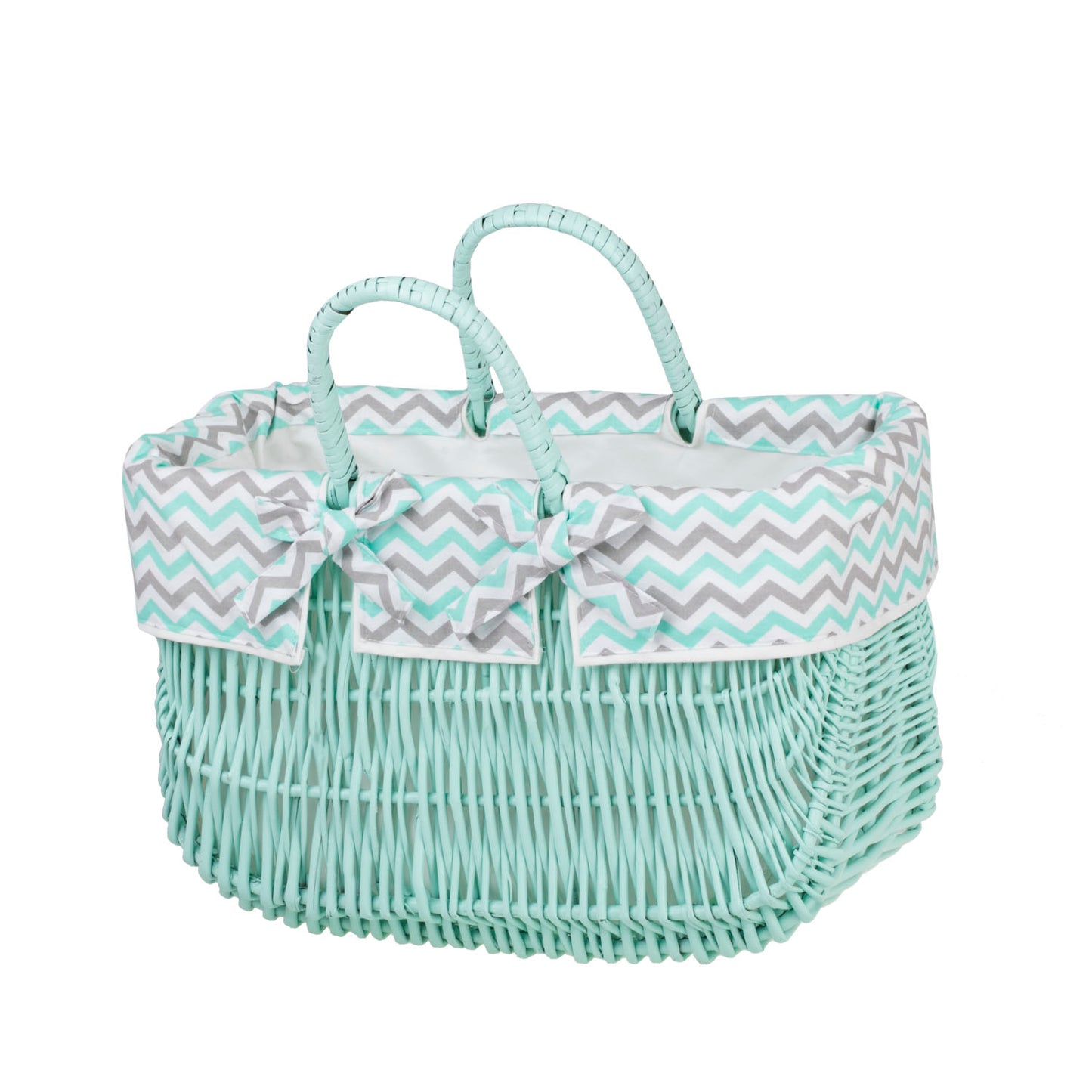 Werlissa wiklinowy koszyk zakupowy z miętowym obszyciem i rączkami TheWickerStories