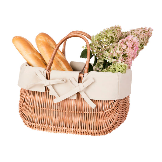 Werlissa wiklinowy koszyk zakupowy z beżowym obszyciem i rączkami TheWickerStories