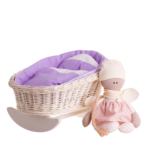 Mimi wiklinowa kołyska dla lalek z fioletowym obszyciem, poduszką i kołderką TheWickerStories