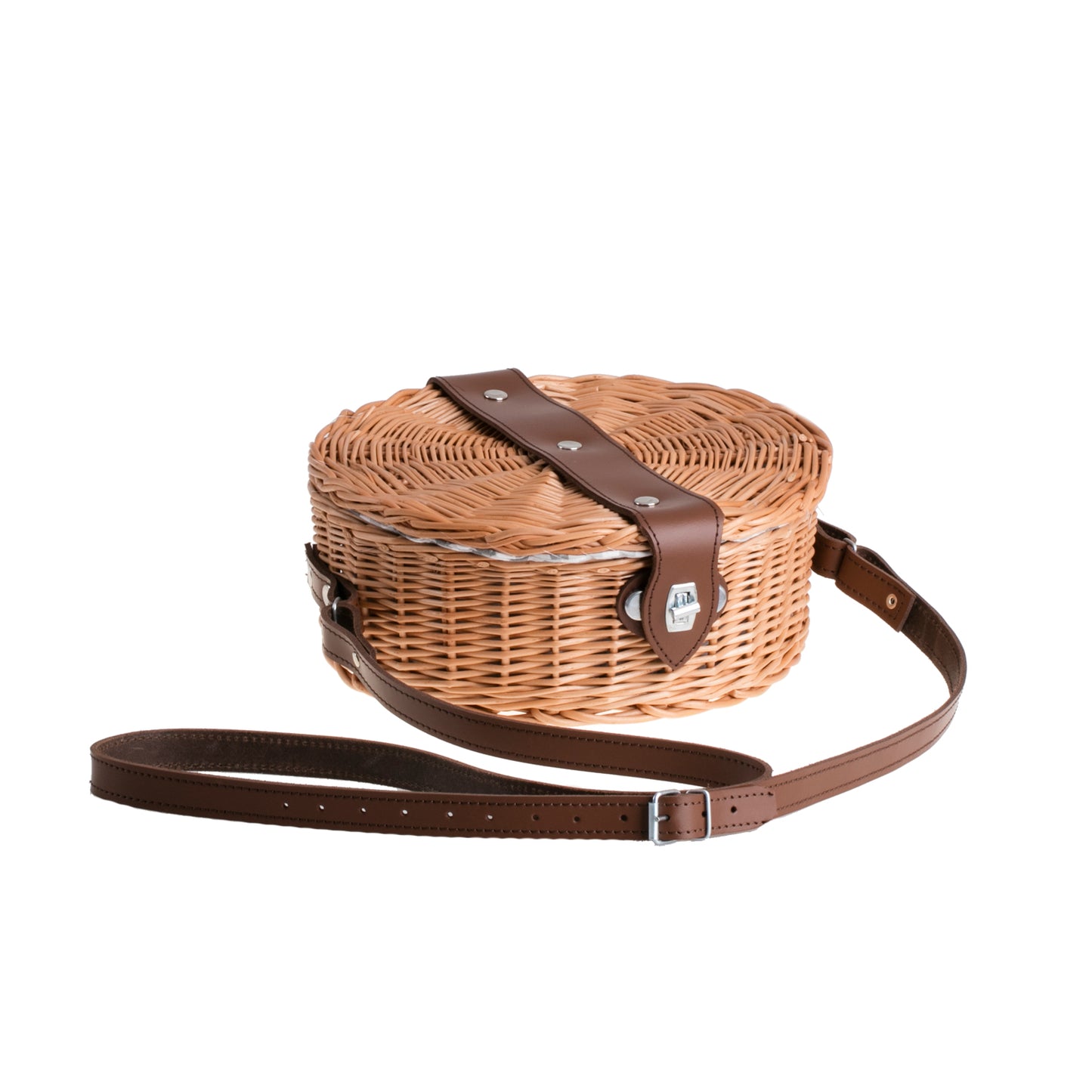 Rivora wiklinowa torebka na ramię z obszyciem, z pokrywą, skórzanym paskiem i metalowym zapięciem TheWickerStories