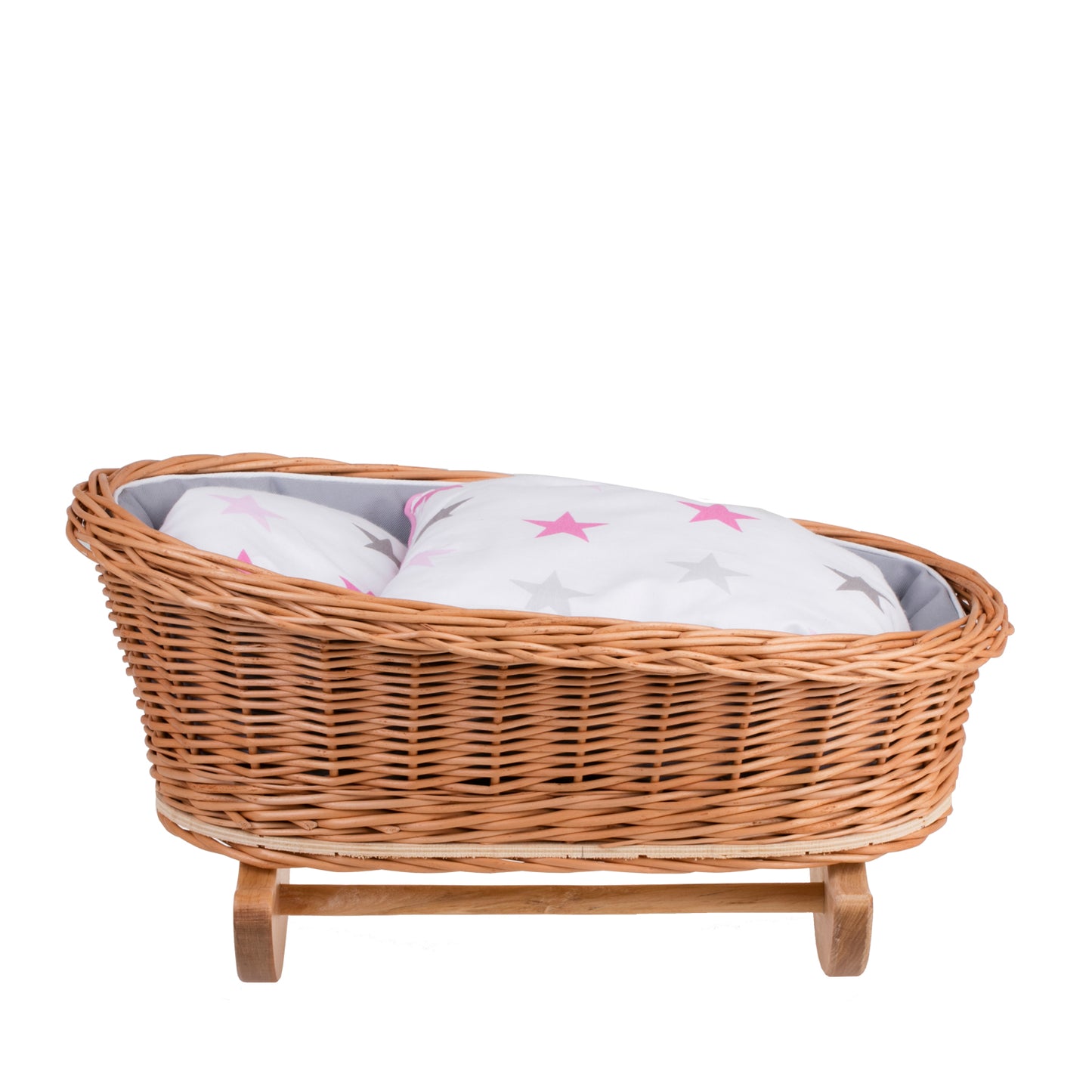 Mimi wiklinowa kołyska dla lalek z szarym obszyciem, poduszką i kołderką TheWickerStories