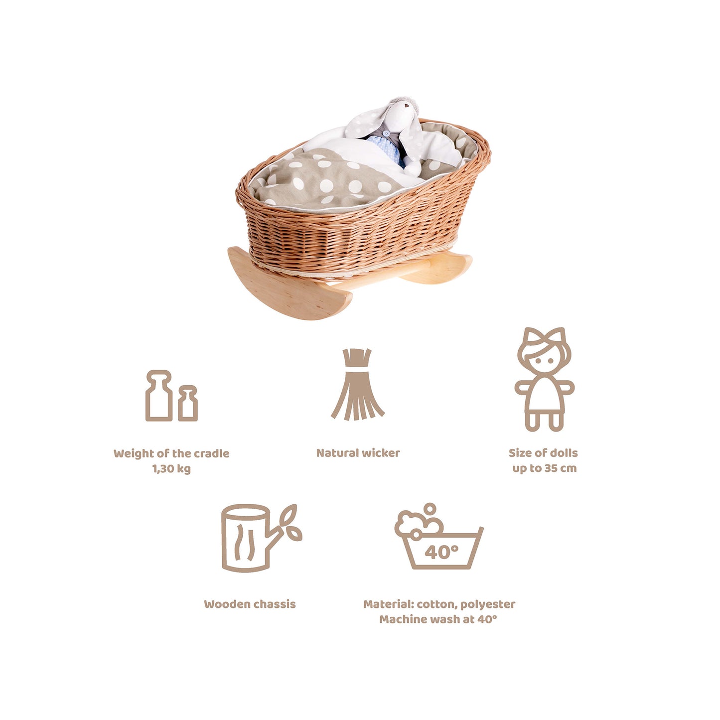 Mimi wiklinowa kołyska dla lalek z beżowym obszyciem, poduszką i kołderką TheWickerStories