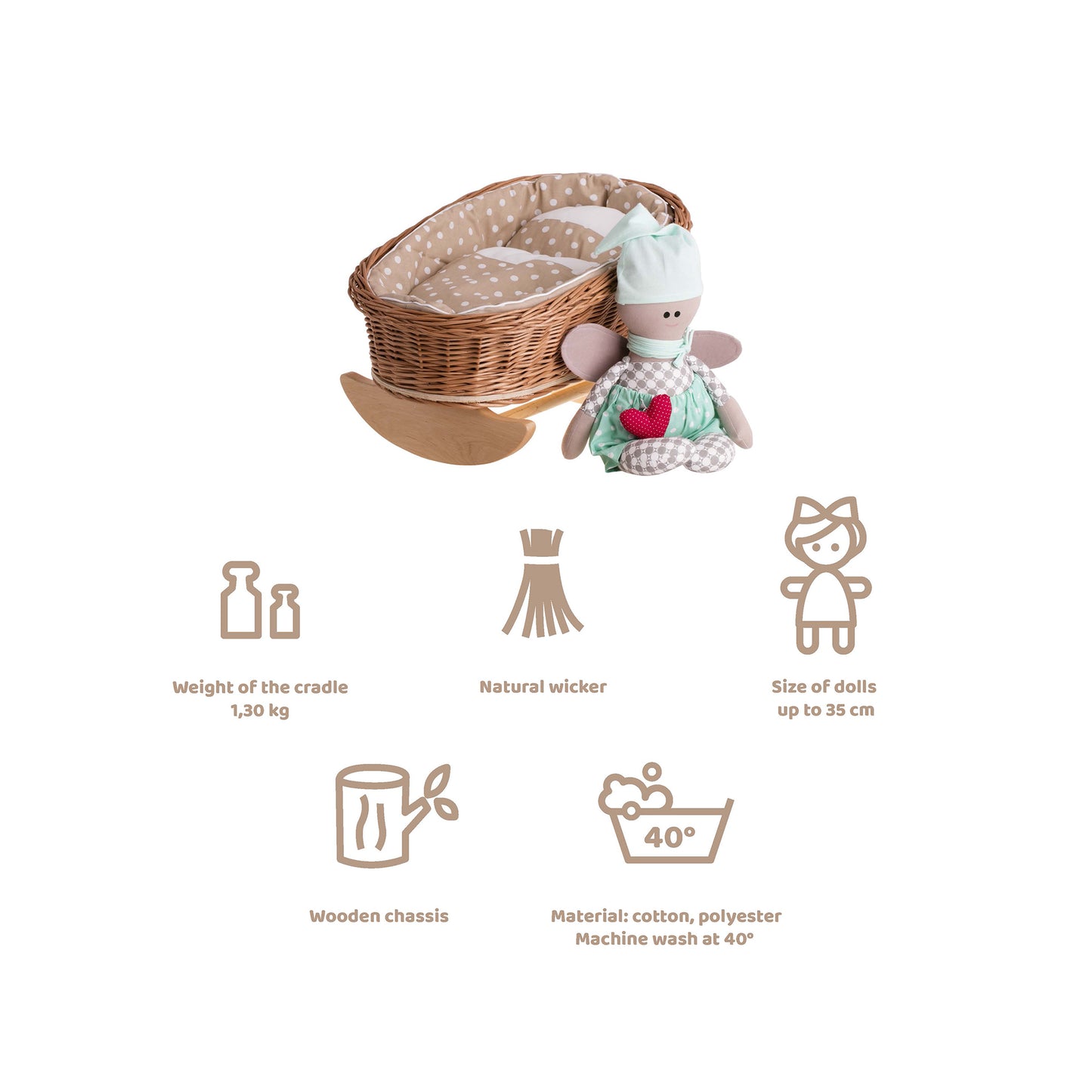 Mimi wiklinowa kołyska dla lalek z beżowym obszyciem, poduszką i kołderką TheWickerStories