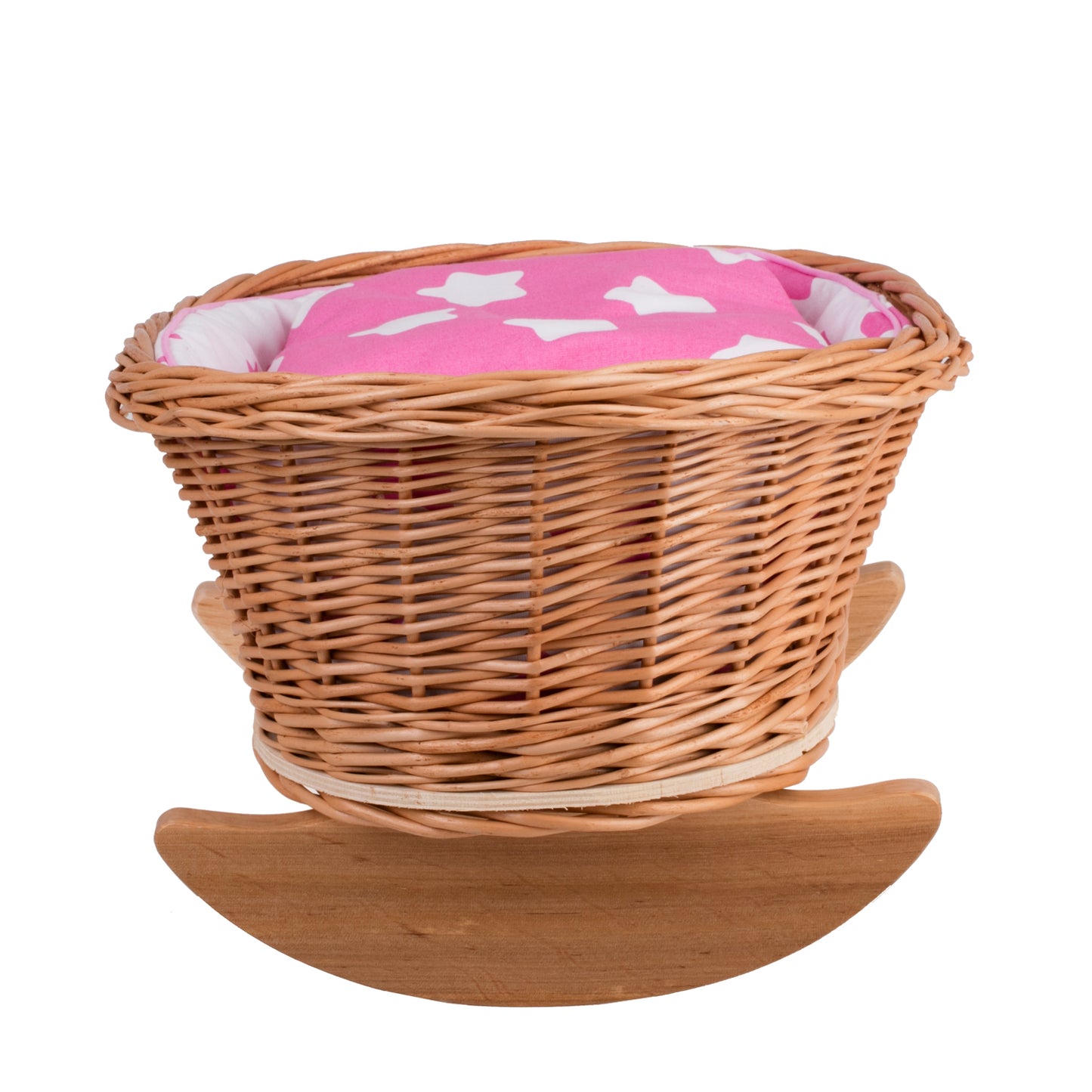 Mimi wiklinowa kołyska dla lalek z różowym obszyciem, poduszką i kołderką TheWickerStories