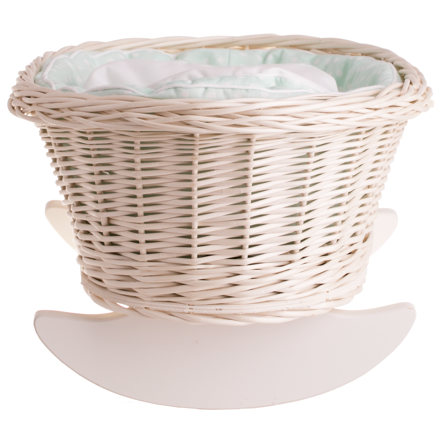 Mimi wiklinowa kołyska dla lalek z miętowym obszyciem, poduszką i kołderką TheWickerStories