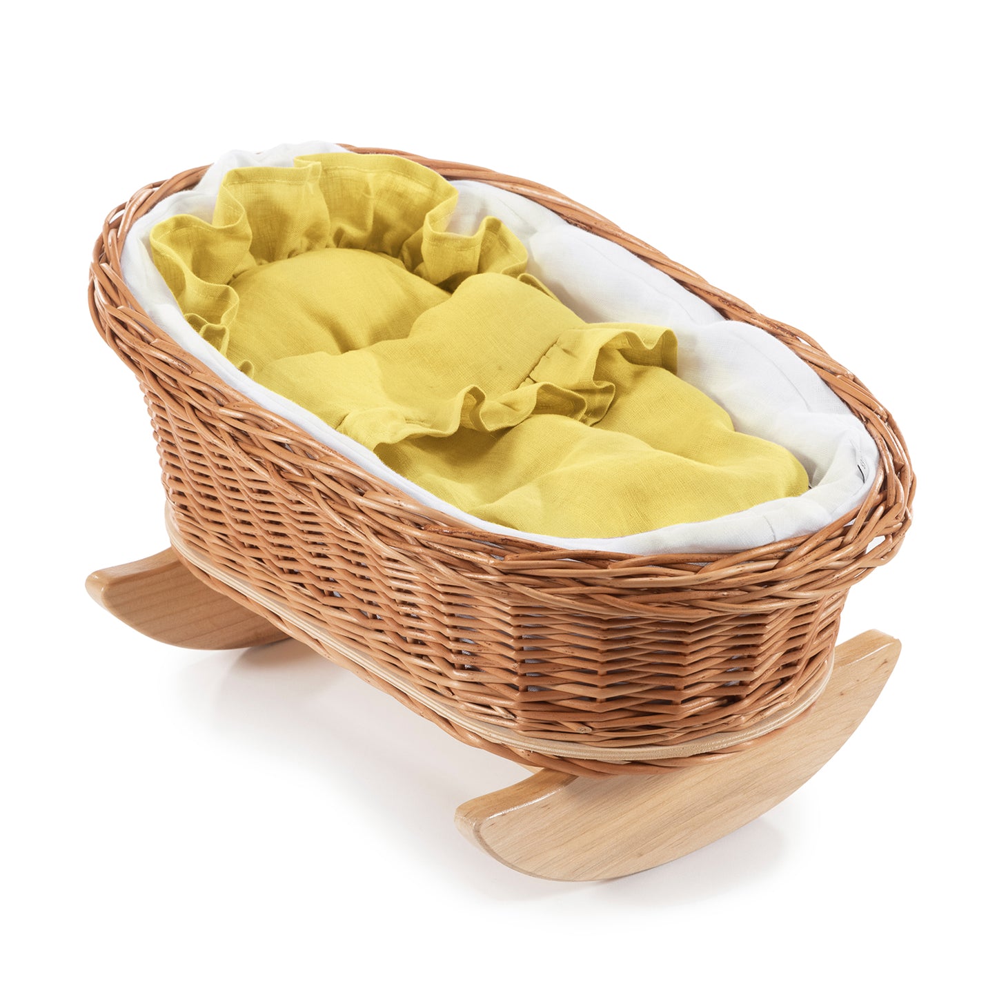 Mimi wiklinowa kołyska dla lalek z żółtym obszyciem, z poduszką i kołderką TheWickerStories