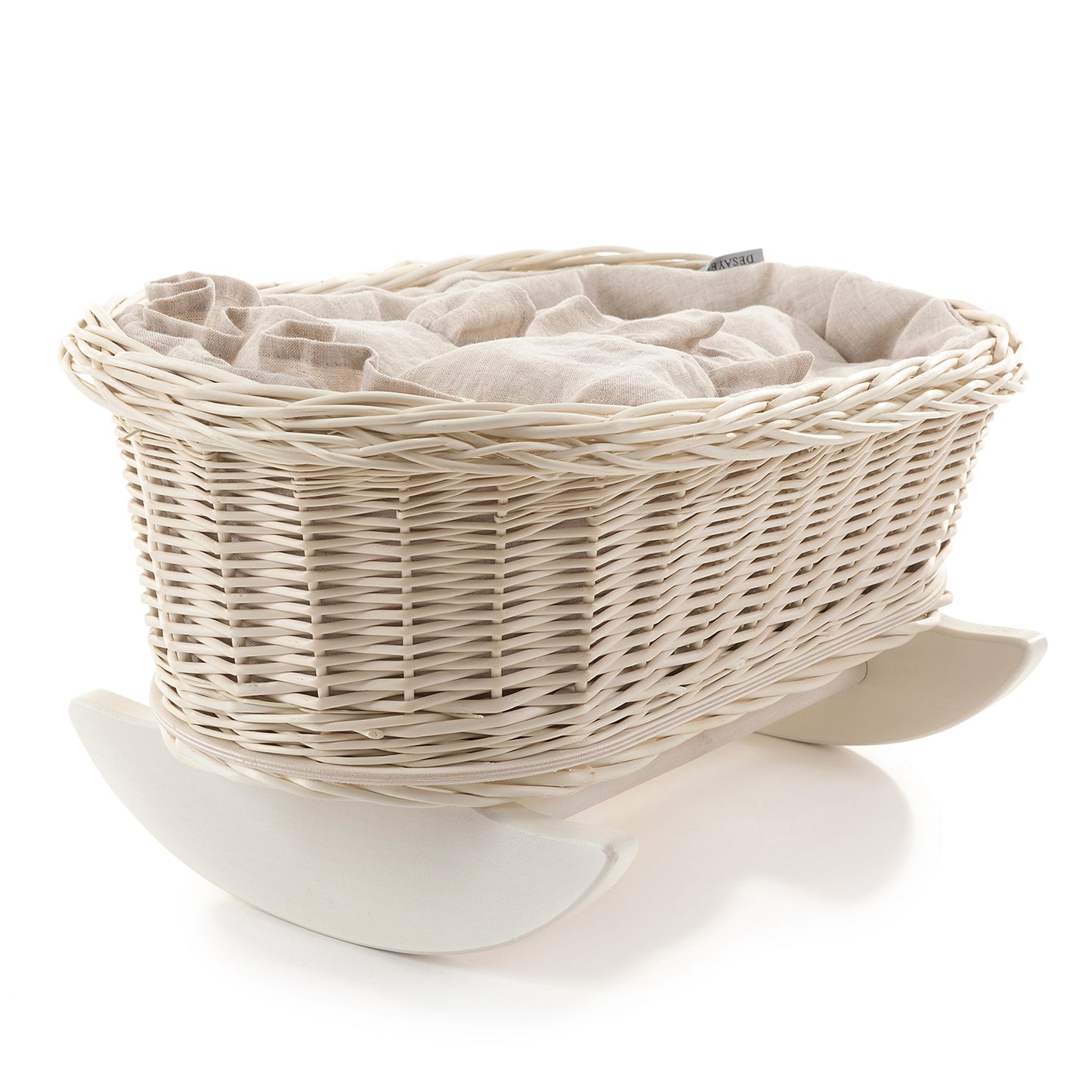 Mimi wiklinowy kosz-kołyska dla lalek z lnianym obszyciem, poduszką i kołderką, na bukowych płozach TheWickerStories