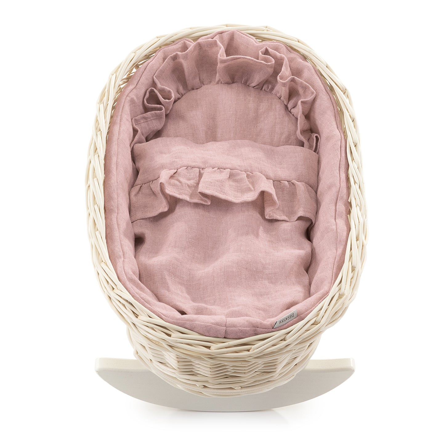 Mimi wiklinowy kosz-kołyska dla lalek z różowym obszyciem, z poduszką i kołderką TheWickerStories