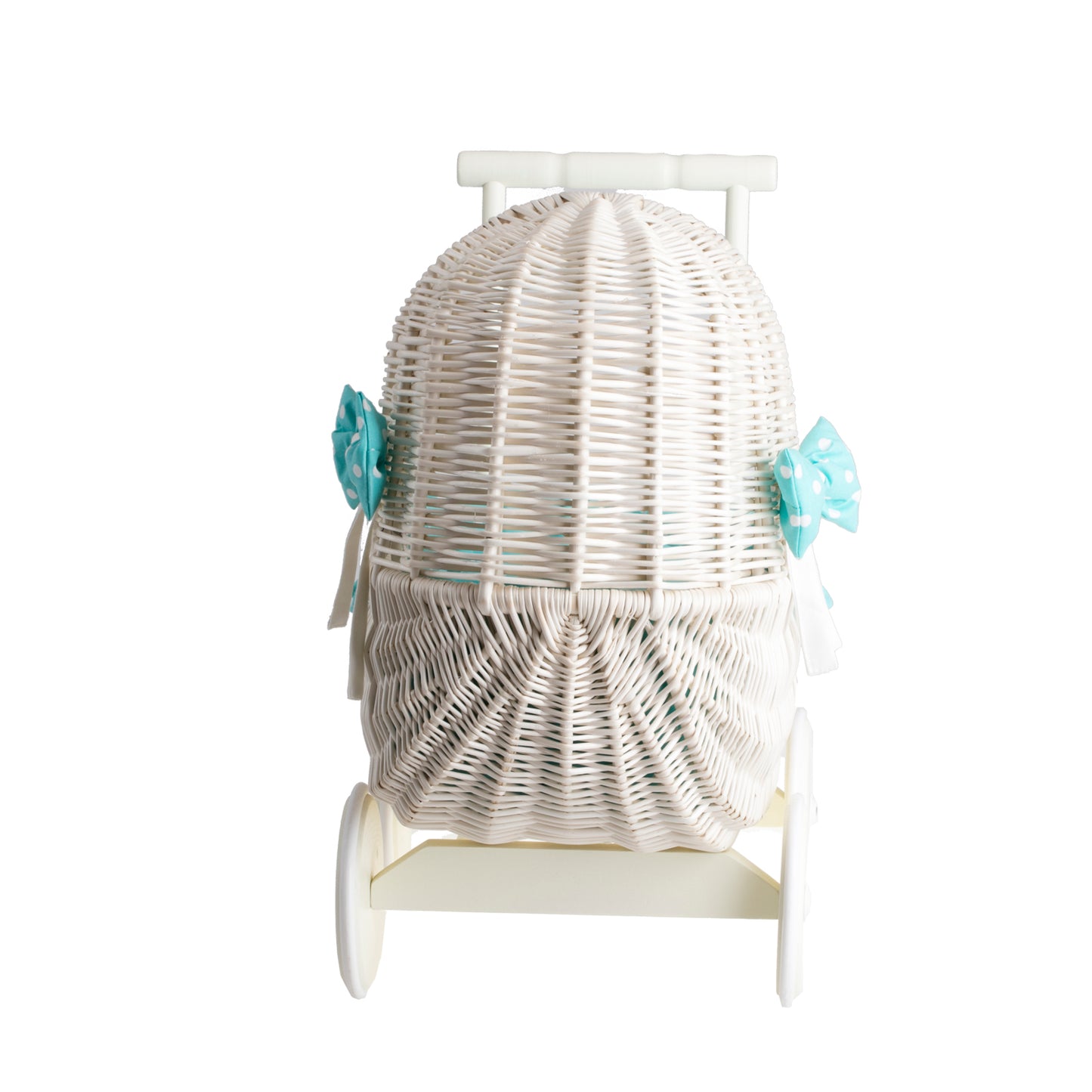 Lala wiklinowy wózek dla lalek z zielonym obszyciem, kołderką i poduszką TheWickerStories