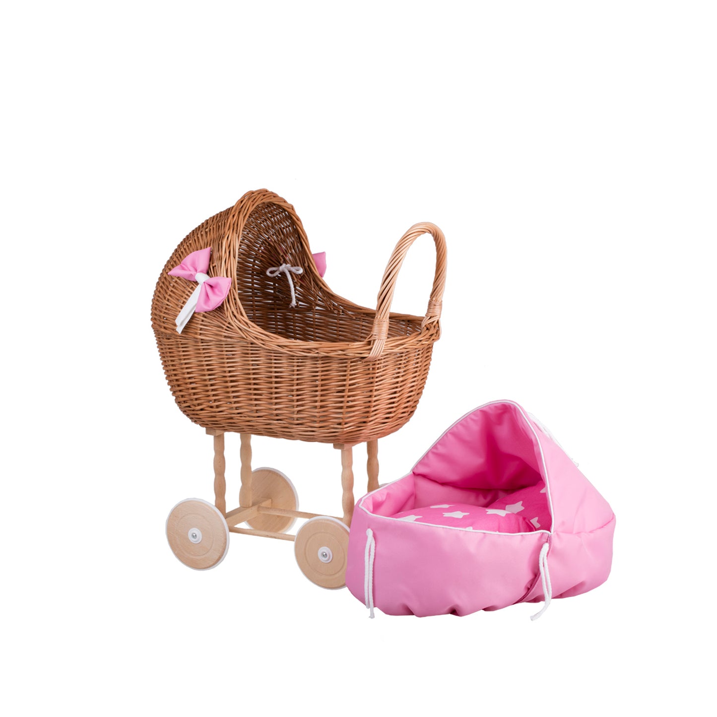 Lena wiklinowy wózek dla lalek z różowym obszyciem, kołderką i poduszką TheWickerStories