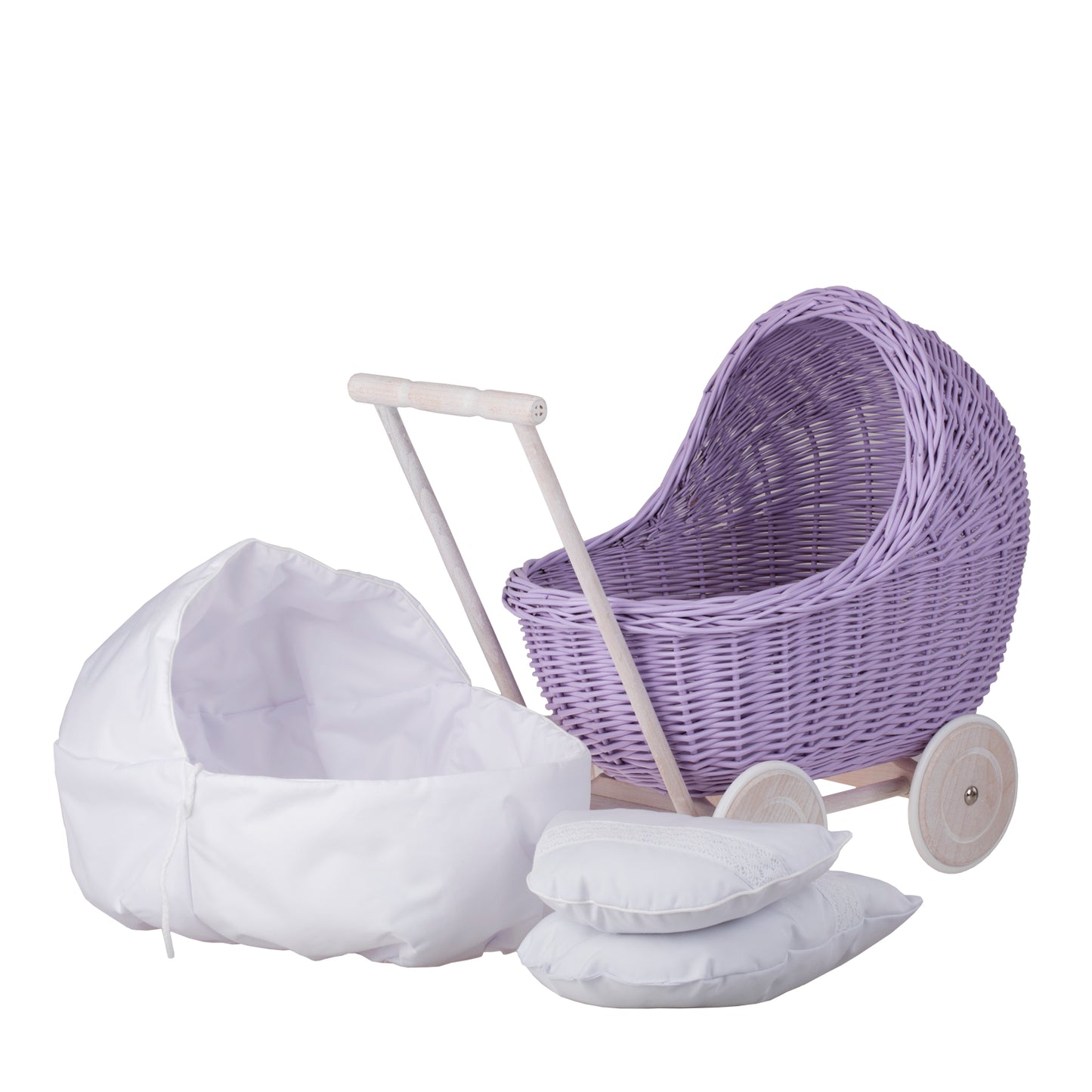 Lili wiklinowy wózek dla lalek z białym obszyciem, kołderką i poduszką TheWickerStories