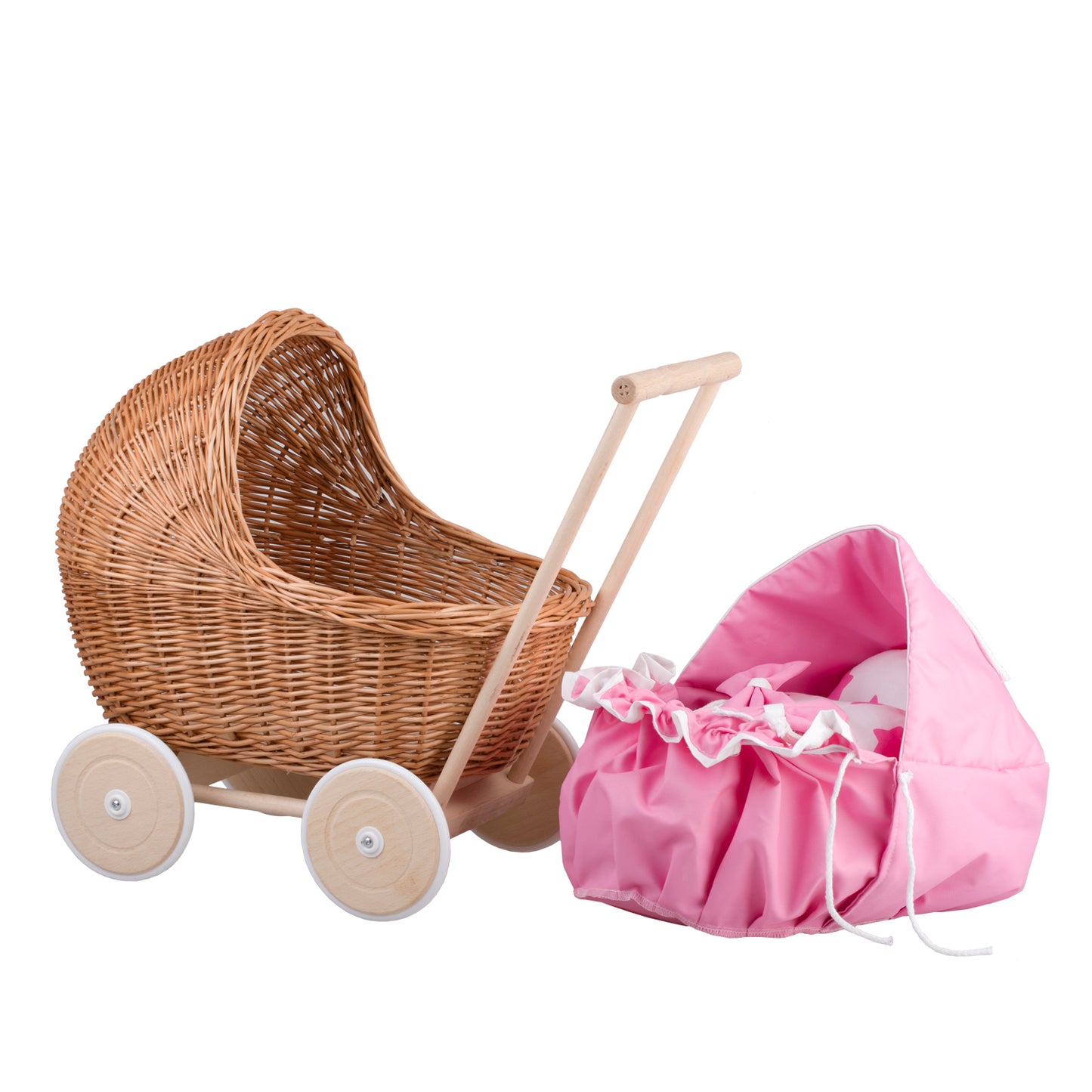 Lili wiklinowy wózek dla lalek z różowym obszyciem, kołderką i poduszką TheWickerStories