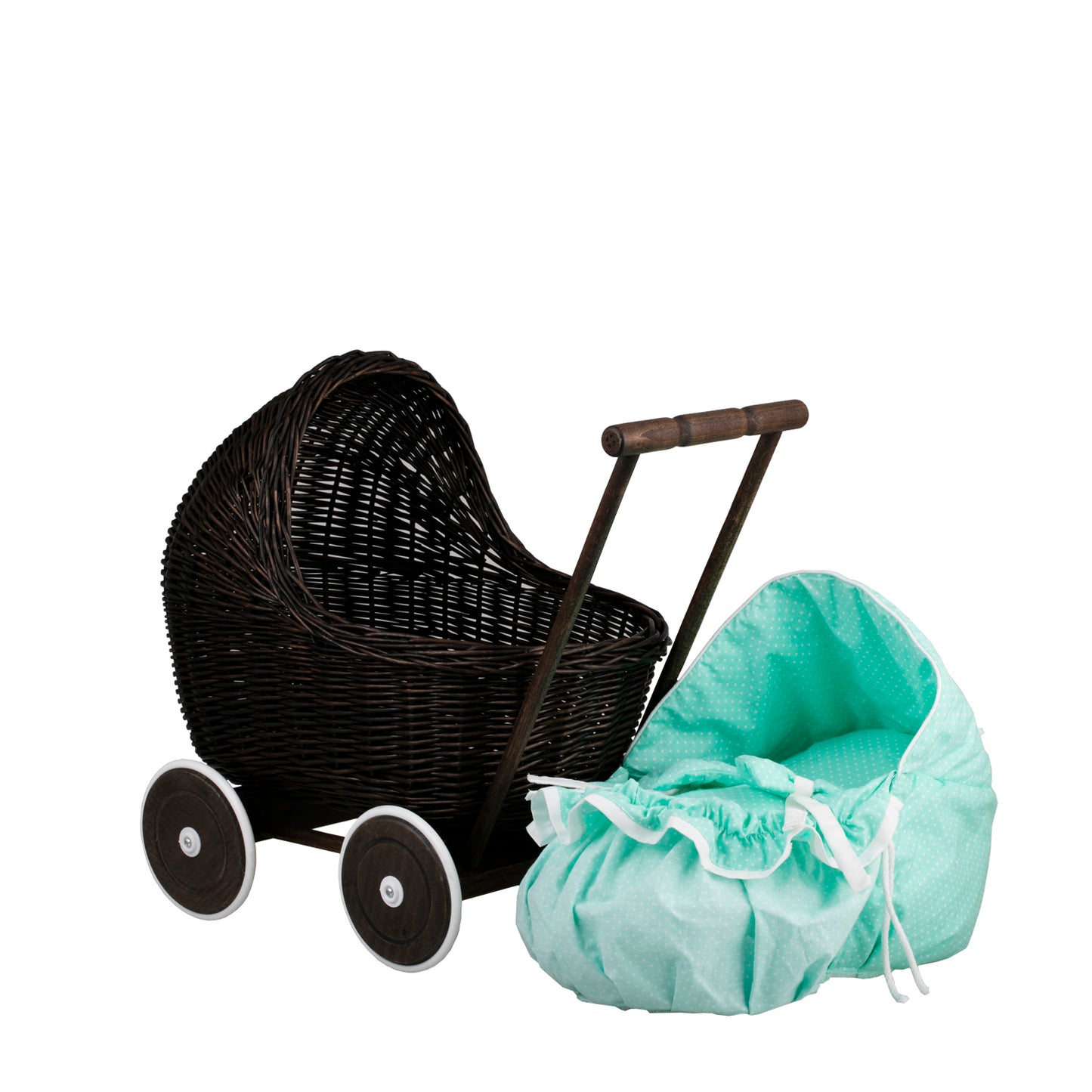 Lili wiklinowy wózek dla lalek z miętowym obszyciem, kołderką i poduszką TheWickerStories