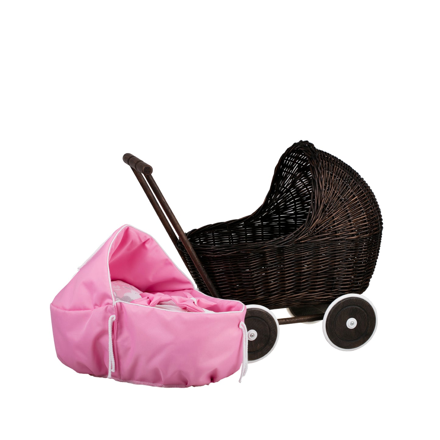 Lili wiklinowy wózek dla lalek z różowym obszyciem, kołderką i poduszką TheWickerStories