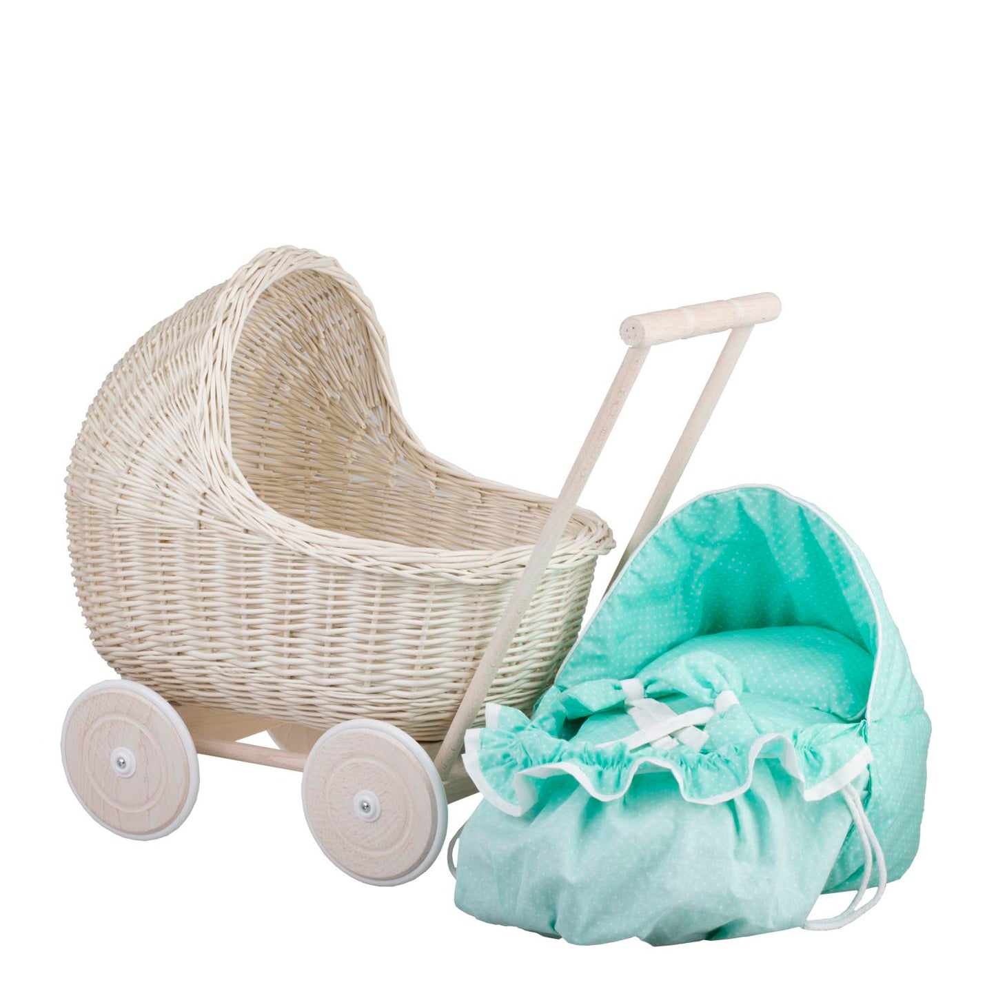 Lili wiklinowy wózek dla lalek z miętowym obszyciem, kołderką i poduszką TheWickerStories