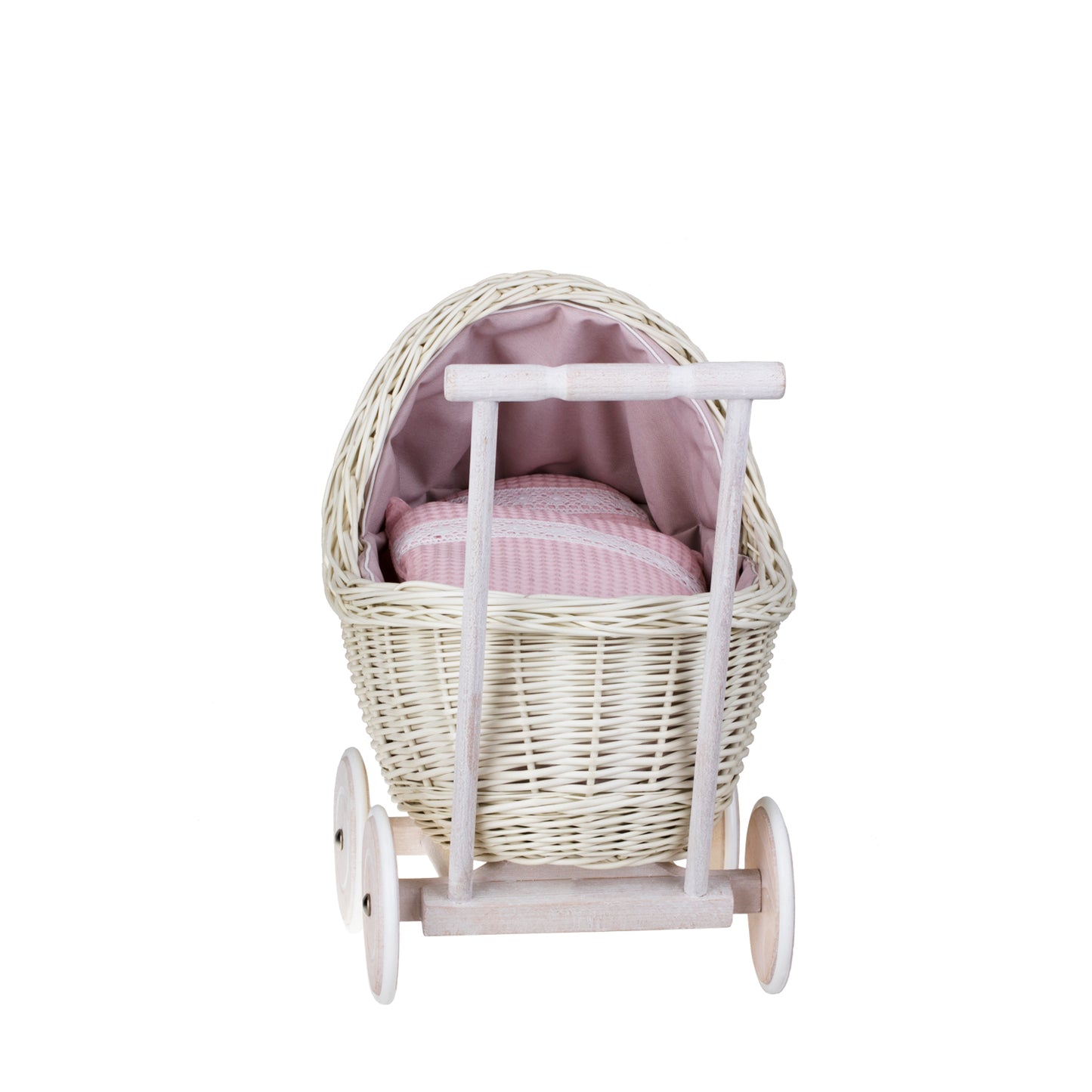 Lili wiklinowy wózek dla lalek z różowym obszyciem, kołderką i poduszką TheWickerStories