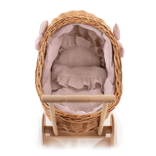 Desayer wiklinowy wózek dla lalek z różowym obszyciem, kołderką i poduszką TheWickerStories