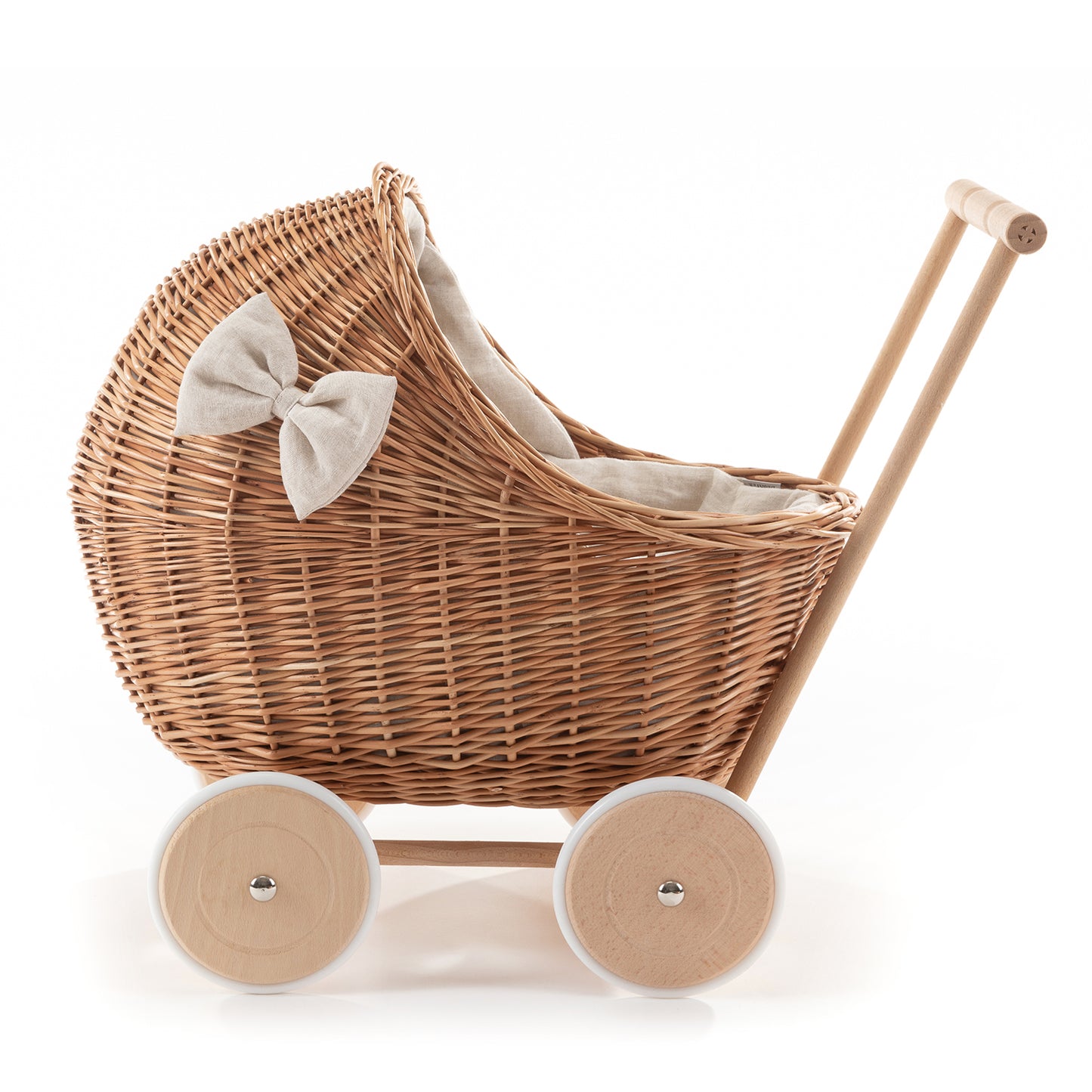 Desayer wiklinowy wózek dla lalek z beżowym obszyciem, z rączką, poduszką i kołderką TheWickerStories