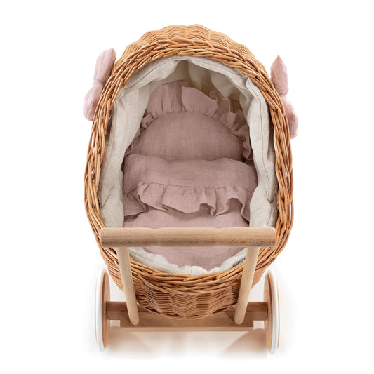 Desayer wiklinowy wózek dla lalek z różowym obszyciem, z rączką, poduszką i kołderką TheWickerStories