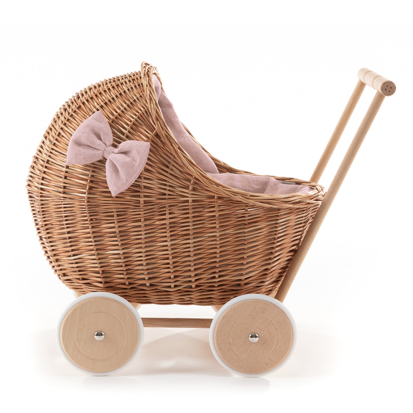 Desayer wiklinowy wózek dla lalek z różowym obszyciem, z rączką, poduszką i kołderką TheWickerStories