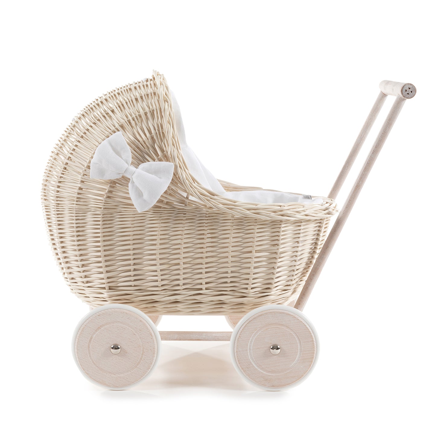 Desayer wiklinowy wózek dla lalek z białym obszyciem, kołderką i poduszką, z rączką TheWickerStories
