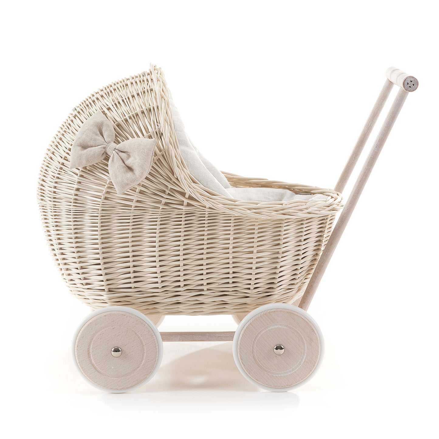 Desayer wiklinowy wózek dla lalek z białym obszyciem, kołderką i poduszką, z rączką TheWickerStories