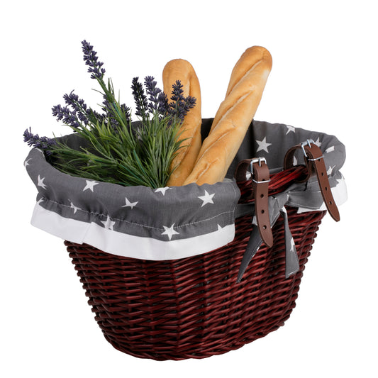 Paulus wiklinowy kosz na rower z szarym obszyciem, z paskami TheWickerStories