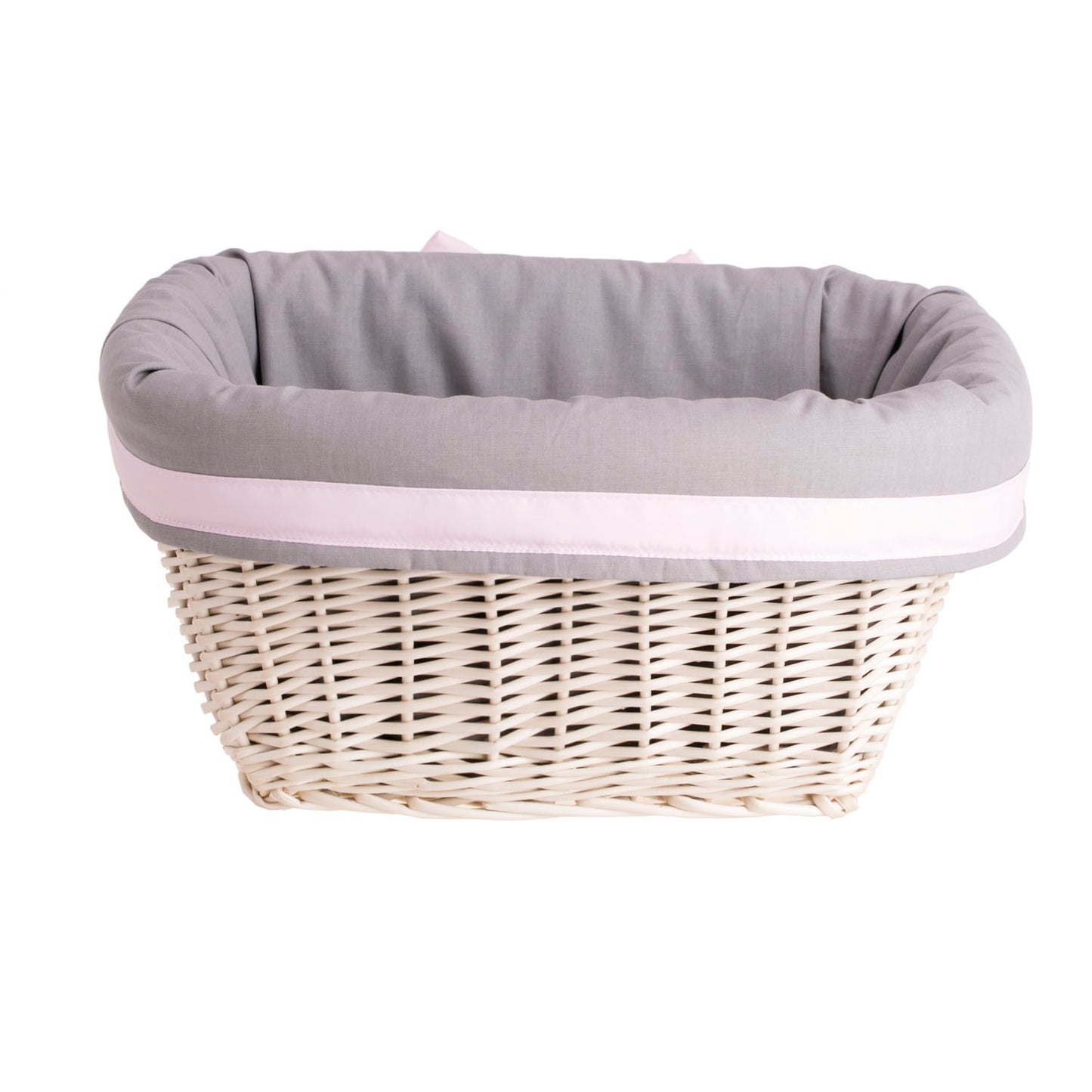 Nestor wiklinowy kosz na regał z szarym obszyciem i kokardą TheWickerStories