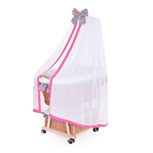 Papilio wiklinowy wózek niemowlęcy z różowym obszyciem, baldachimem, poduszką i kołderką TheWickerStories