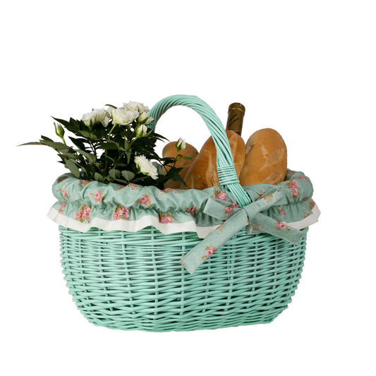 Werburga kosz na zakupy z rączką wiklinową i zielonym obszyciem TheWickerStories