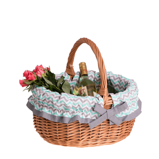 Werburga wiklinowy kosz na zakupy z miętowo‑szarym obszyciem, z rączką TheWickerStories