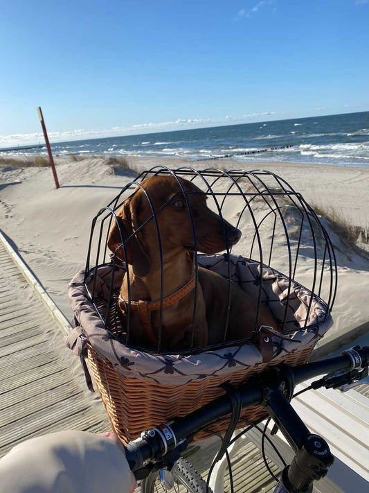 Timoria wiklinowy kosz na rower dla zwierząt z beżowym obszyciem, z pokrywą i skórzanymi paskami TheWickerStories