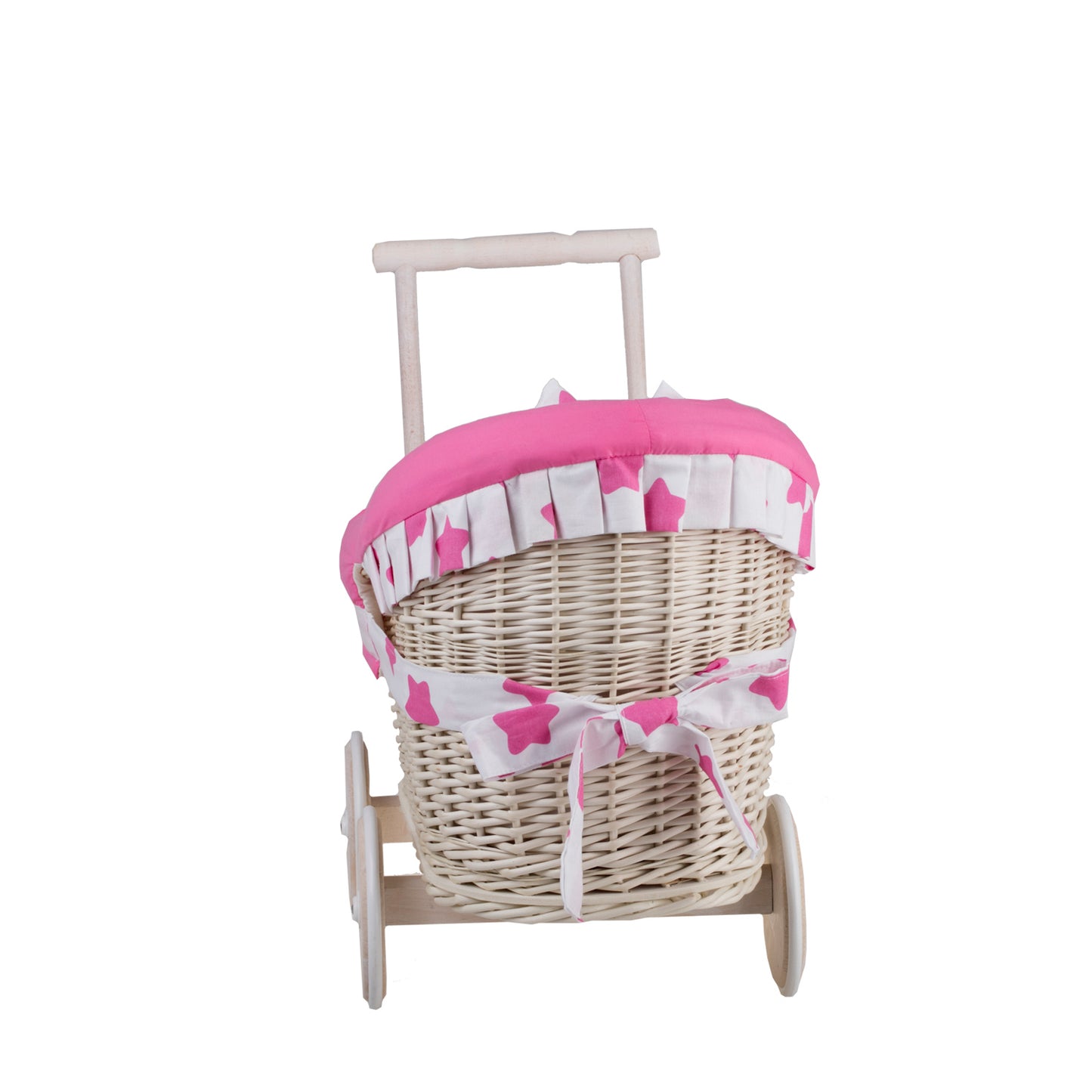 Luna wiklinowy wózek dla lalek z różowym obszyciem, kołderką i poduszką TheWickerStories