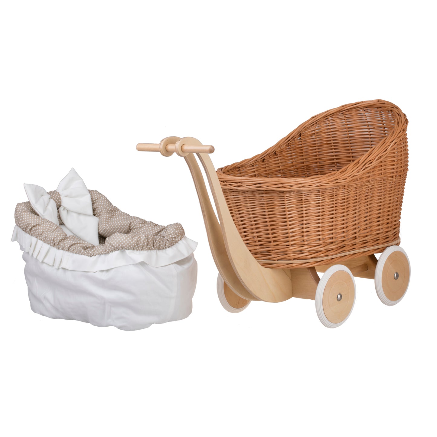 Luna wiklinowy wózek dla lalek z beżowym obszyciem, kołderką i poduszką TheWickerStories