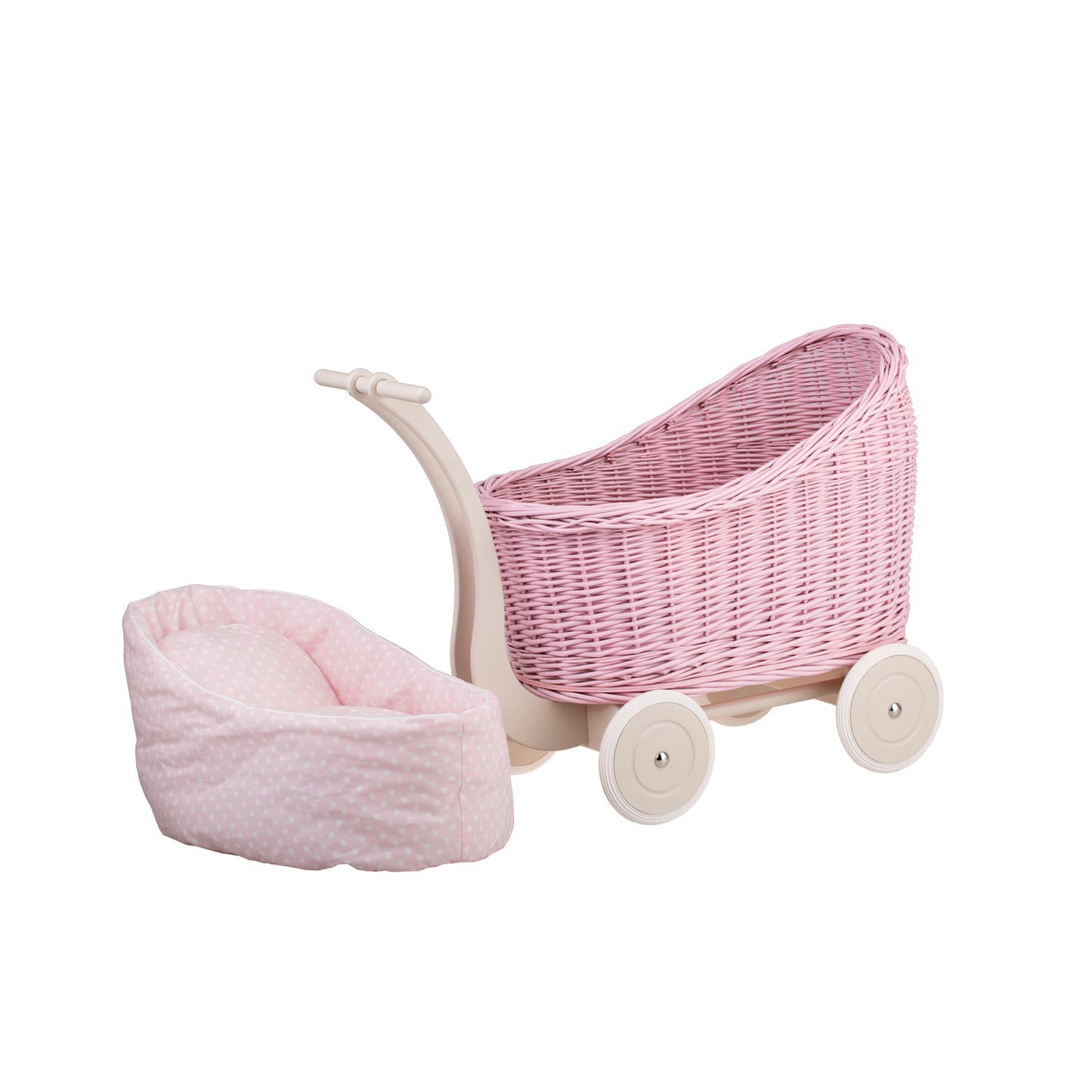 Luna wiklinowy wózek dla lalek z różowym obszyciem, kołderką i poduszką TheWickerStories