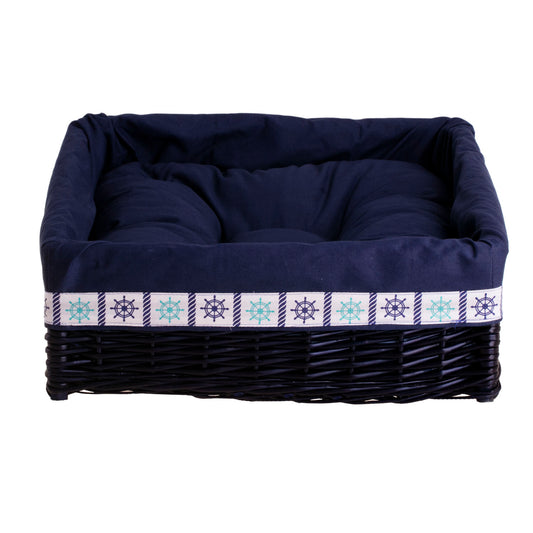 Epimoria wiklinowy kosz dla psa i kota z granatowym obszyciem, z miękką poduszką TheWickerStories