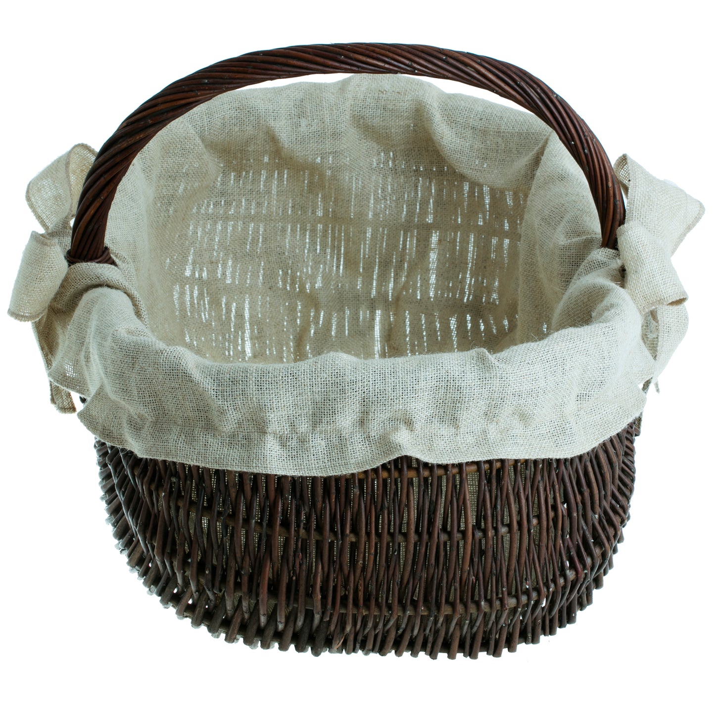 Faleria wiklinowy kosz na drewno do kominka z jutowym obszyciem i rączką TheWickerStories