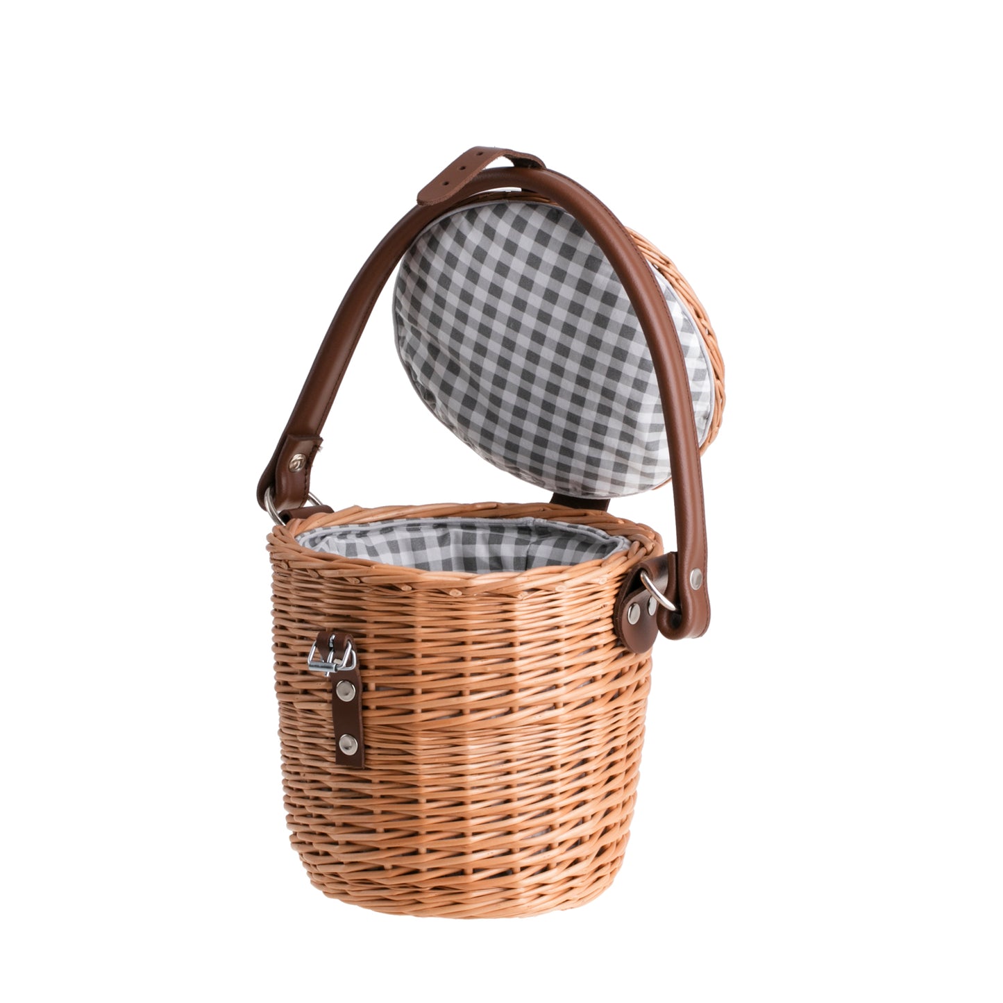 Rivora wiklinowy koszyk na ramię z materiałowym obszyciem, z pokrywą i skórzanym paskiem TheWickerStories