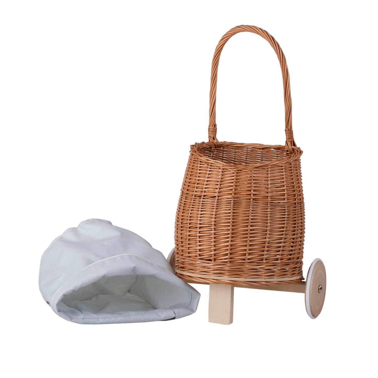Luke wiklinowy wózek dla lalek z błękitnym obszyciem, z rączką i drewnianymi kołami TheWickerStories