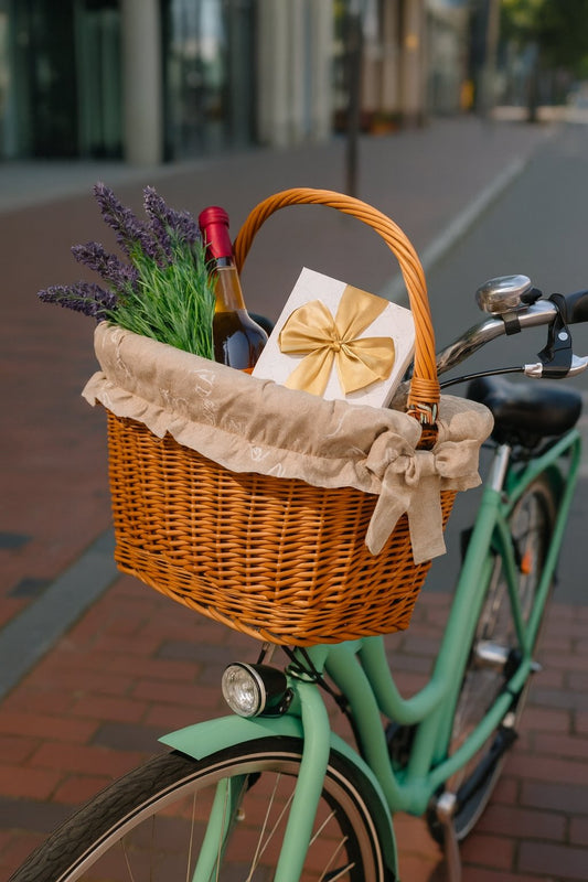 Magnus wiklinowy kosz na rower z beżowym obszyciem, z rączką i hakami TheWickerStories
