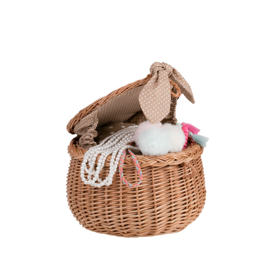 Zethina wiklinowy koszyczek z beżowym obszyciem, pokrywą i zamknięciem TheWickerStories