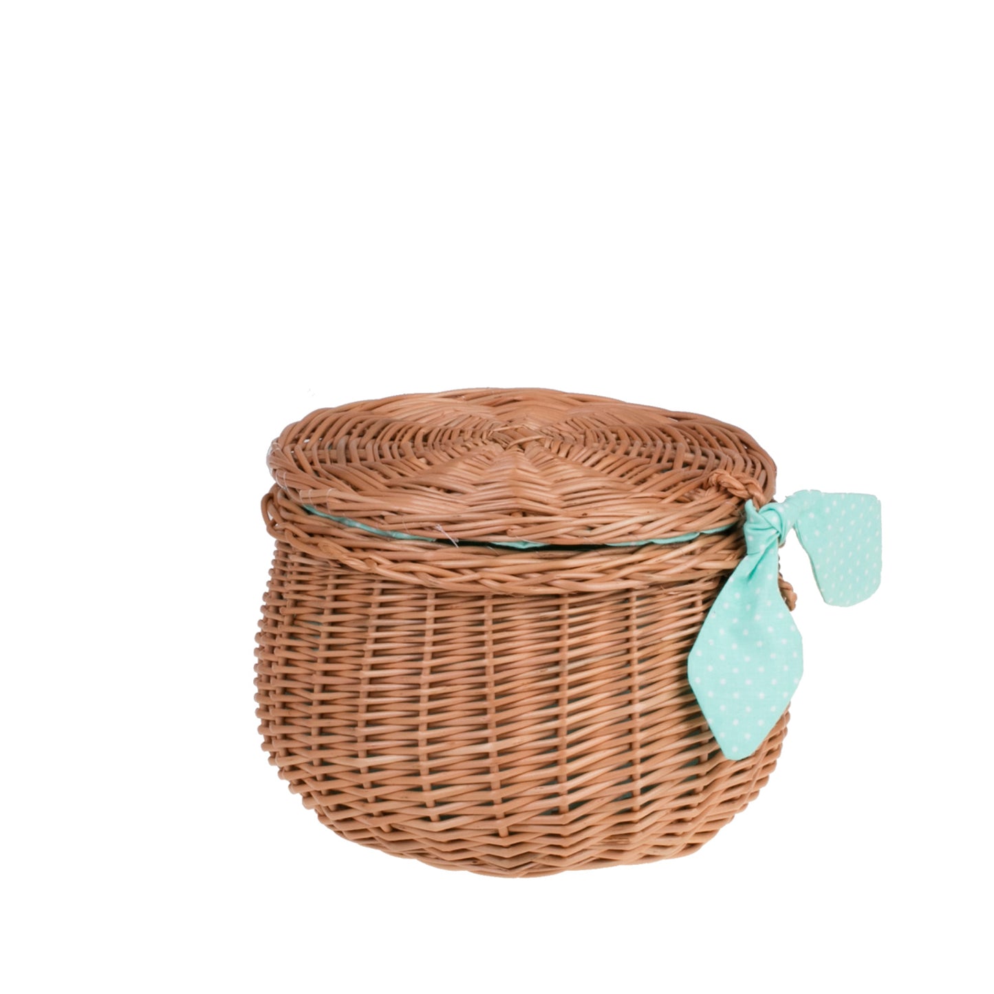 Zethina wiklinowy koszyczek z miętowym obszyciem, pokrywą i zamknięciem TheWickerStories