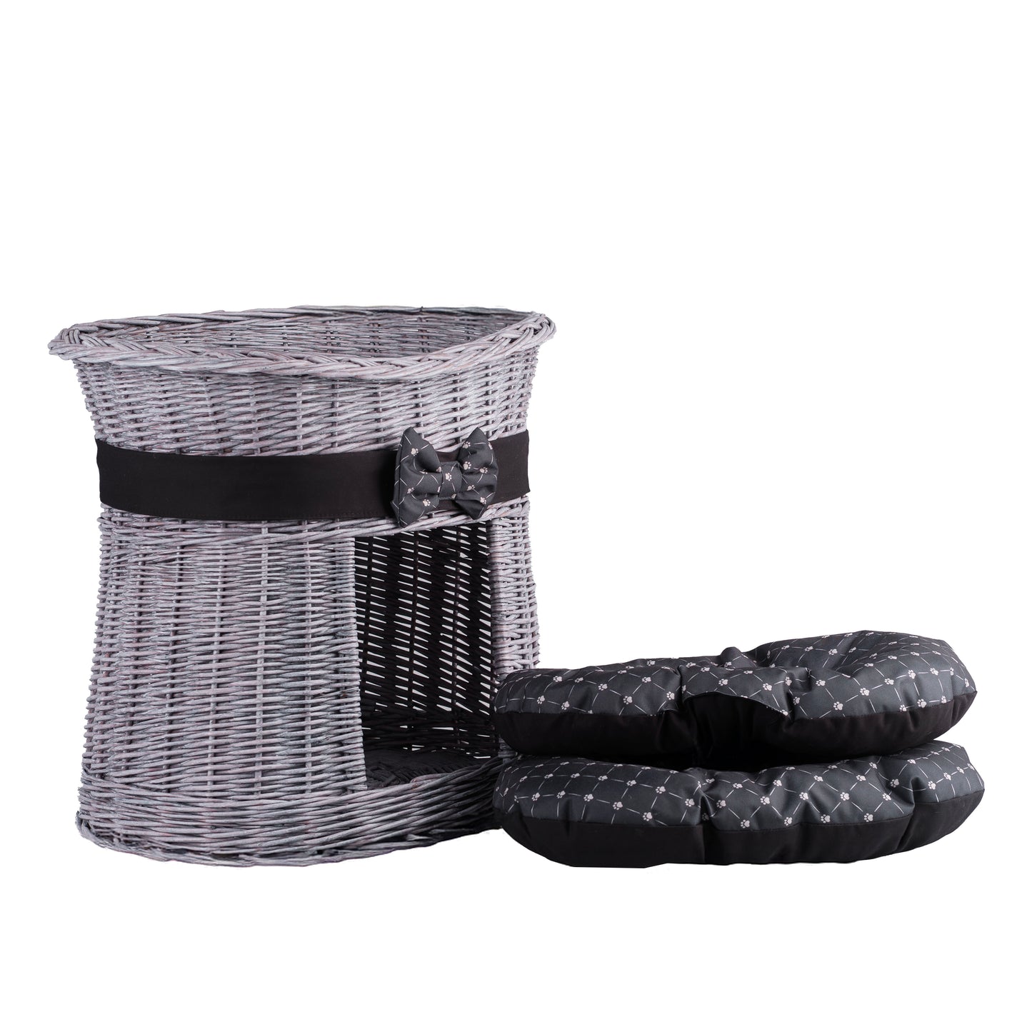 Erif wiklinowy domek dla kota, dwupoziomowy, z czarnym obszyciem i poduszkami TheWickerStories