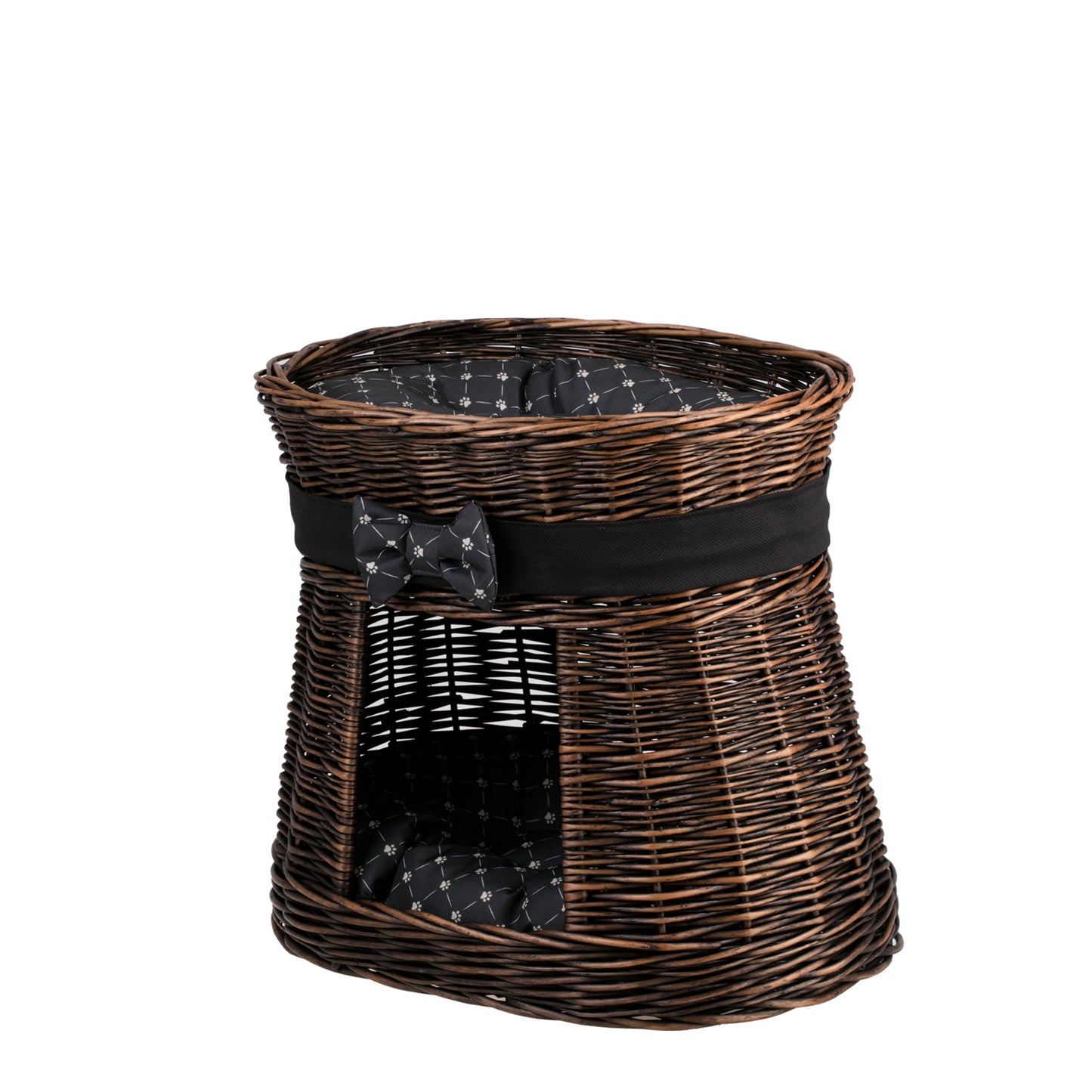 Erif wiklinowy domek dla kota z dwiema kondygnacjami, z poduszkami i kokardą TheWickerStories