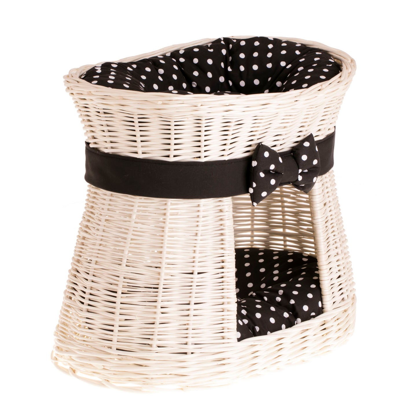 Erif wiklinowy domek dla kota z dwoma poziomami, z poduszkami i kokardą TheWickerStories