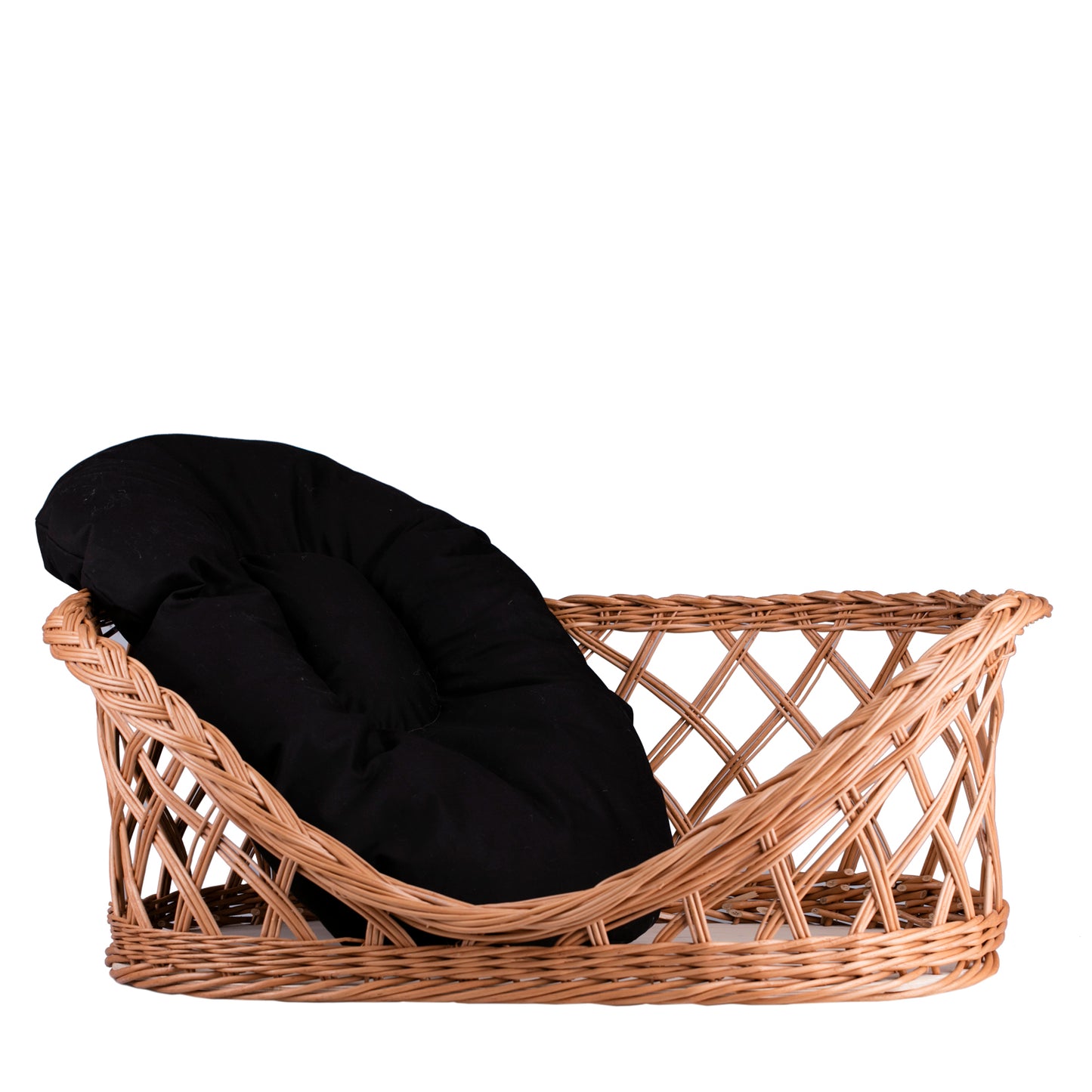 Esnoria wiklinowy kosz dla psa i kota na legowisko z czarną poduszką i niskim wejściem TheWickerStories