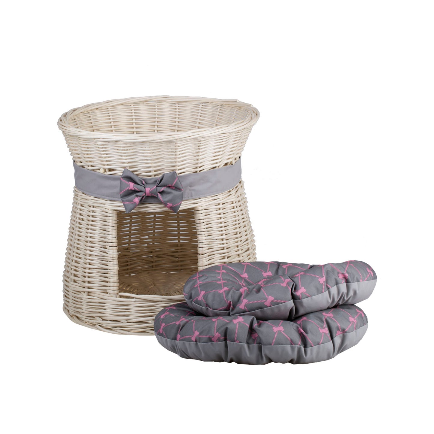 Eralis wiklinowy domek dla kota, dwupoziomowy, z poduszkami i kokardą TheWickerStories