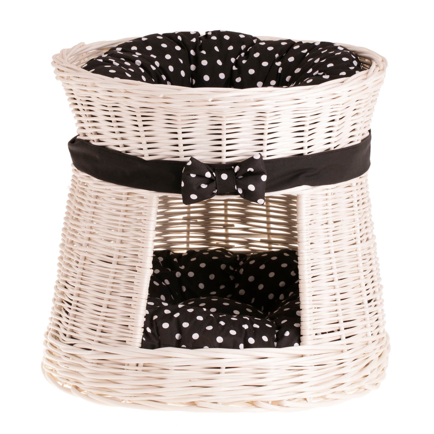 Eralis wiklinowy kosz dla kota dwupoziomowy, z poduszkami i kokardą TheWickerStories